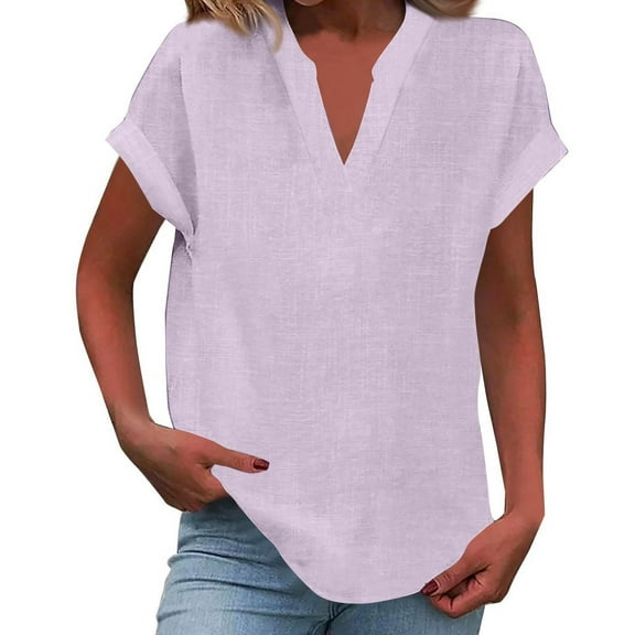 WULMLEO Womens Tops Short Sleeve Henley Shirts Summer V Neck Dressy Casual Tunic Blouses 2026 Trendy Beach Vacation Clothes Light Purple XL