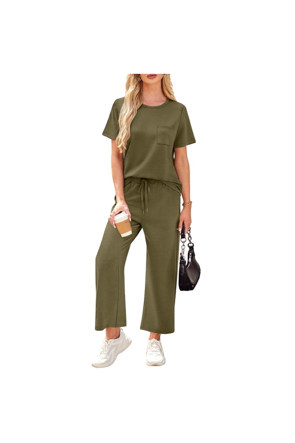 Womens Two Piece Outfits Spring Tops and Pants Crew Neck Summer Matching Outfits Short Sleeve Travel Cool Lounge Sets Army Green XL