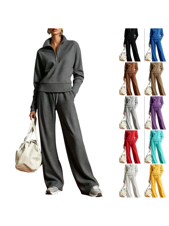 Womens Two Piece Sets Knit Fall Quarter Zip Long Sleeve Sweatshirts Wide Leg Palazzo Pants Suits 2026 Casual Oversized Outfits Y2k Tracksuit with Pockets Dark Gray S