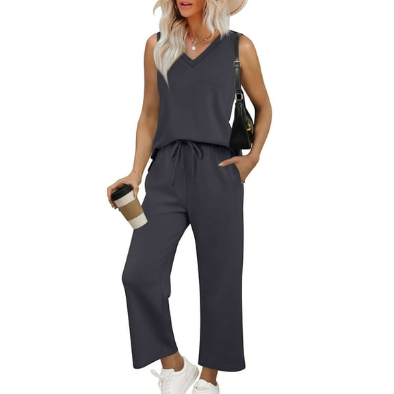 WULMLEO Womens Two Piece Sets Tank Tops and Pants Sleeveless Travel Matching Outfits Summer Cool V-Neck Beach Vacation Clothes Navy M