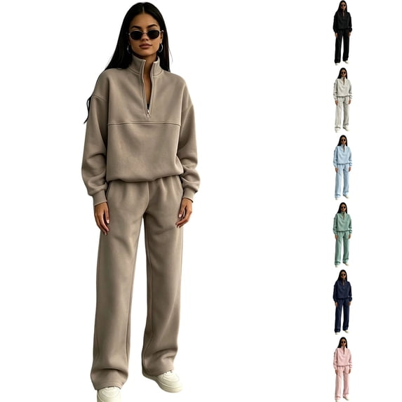WULMLEO Womens Two Piece Sweatsuit Fall Lounge Half Zip Up Long Sleeve Sweatshirt Wide Leg Pants Sets Casual 2026 Tracksuit Comfortable Outfits Camel XL
