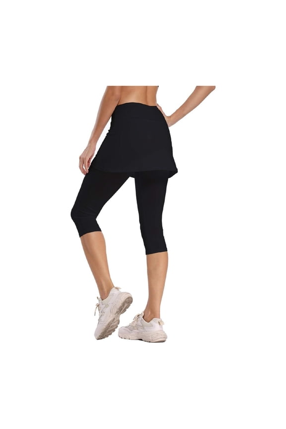 Womens UPF 50+ Yoga Skirted Capri Leggings Golf Tennis Pants with Skirt for Running Workout Active Black 2XL