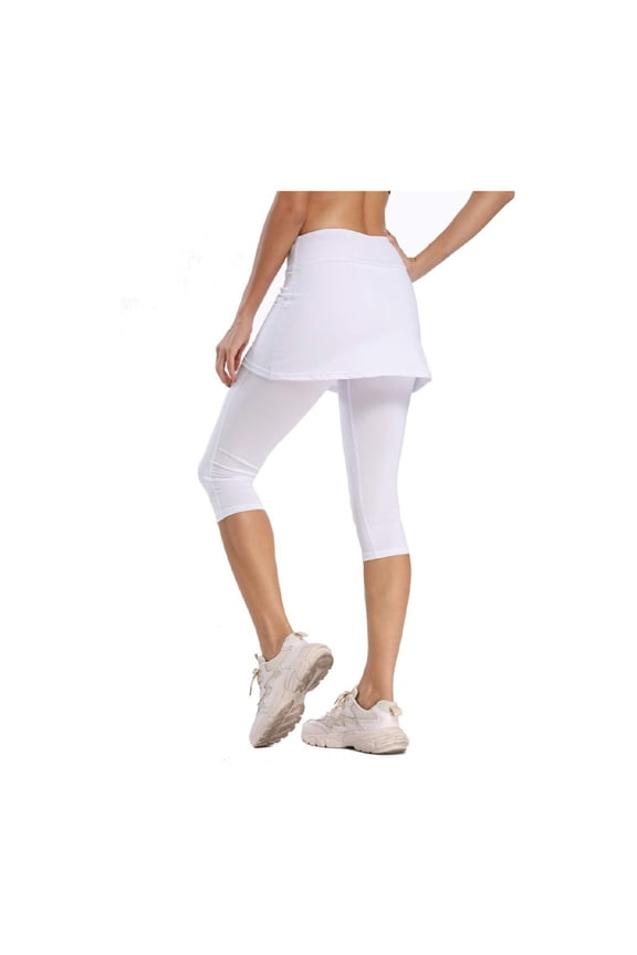 Womens UPF 50+ Yoga Skirted Capri Leggings Golf Tennis Pants with Skirt for Running Workout Active White L