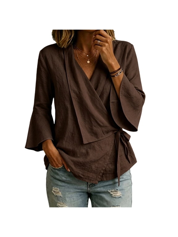 Womens V Neck Shirts with Hem Bell Sleeves and Loose Fit Collar Coffee 2XL
