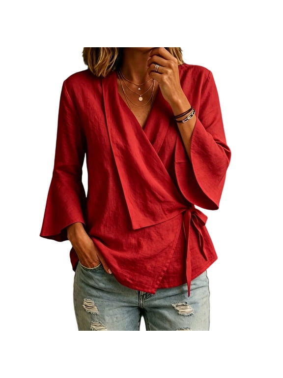Womens V Neck Shirts with Hem Bell Sleeves and Loose Fit Collar Red XL