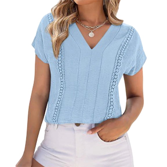 WULMLEO Womens V Neck T-Shirt Summer Cap Sleeve Dressy Casual Tops Eyelet Embroidered Fashion Tees Light Blue M
