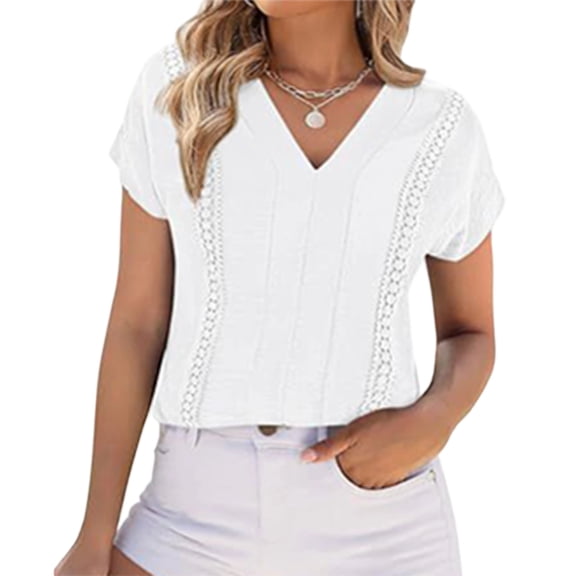 WULMLEO Womens V Neck T-Shirt Summer Cap Sleeve Dressy Casual Tops Eyelet Embroidered Fashion Tees White S