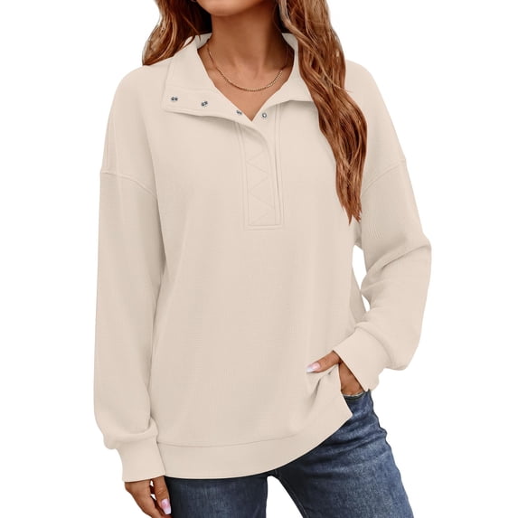 WULMLEO Womens Waffle Knit Loose Sweatshirts Snap Henley Long Sleeve Pullover Tops Beige L
