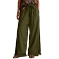 thumbnail image 1 of WULMLEO Womens Wide Leg Linen Pants Summer Boho Flowy Elastic Waist Trousers Baggy Side Slit Fringed Hem Bottoms with Pockets Army Green L, 1 of 5
