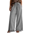 thumbnail image 1 of WULMLEO Womens Wide Leg Linen Pants Summer Boho Flowy Elastic Waist Trousers Baggy Side Slit Fringed Hem Bottoms with Pockets Gray XL, 1 of 5