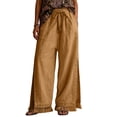 thumbnail image 1 of WULMLEO Womens Wide Leg Linen Pants Summer Boho Flowy Elastic Waist Trousers Baggy Side Slit Fringed Hem Bottoms with Pockets Khaki S, 1 of 5