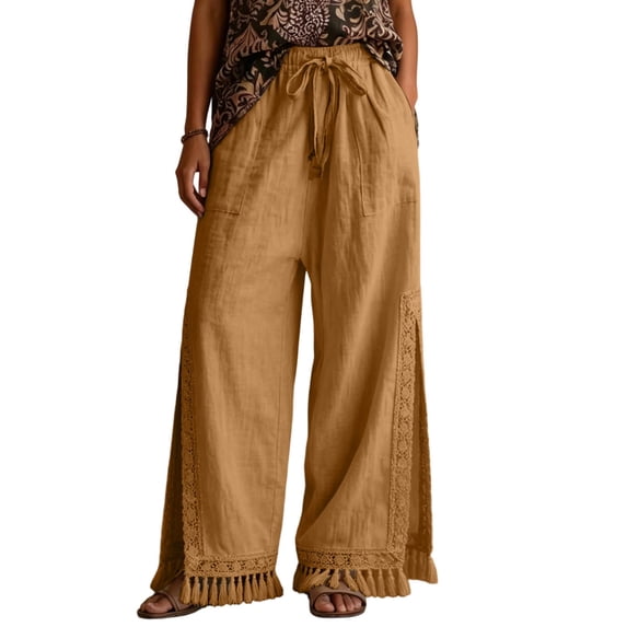 WULMLEO Womens Wide Leg Linen Pants Summer Boho Flowy Elastic Waist Trousers Baggy Side Slit Fringed Hem Bottoms with Pockets Khaki S