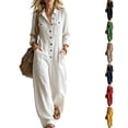 thumbnail image 1 of WULMLEO Womens Wide Leg Overall Cotton Linen Workout Long Sleeve V Neck Button Front One Piece Rompers Casual Dressy Comfy Plus Size Jumpsuits with Multi Pockets White XL, 1 of 7