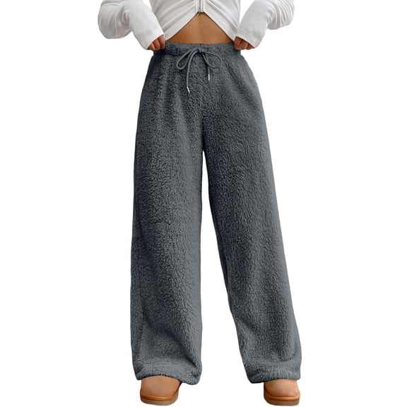 WULMLEO Womens Wide Leg Pants Baggy Lounge Plush Pajama Pants Fluffy Soft Loose Thermal Pants Winter Warm Yoga Pants Trousers Dark Gray S