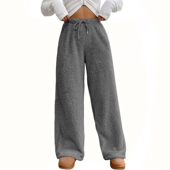 WULMLEO Womens Wide Leg Pants Baggy Lounge Plush Pajama Pants Fluffy Soft Loose Thermal Pants Winter Warm Yoga Pants Trousers Gray XL