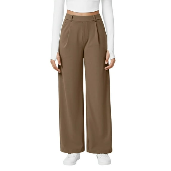 WULMLEO Womens Wide Leg Work Pants High Waist Pull On Dress Pants Elastic Waistband Casual Slacks with Thick Fabric Camel M