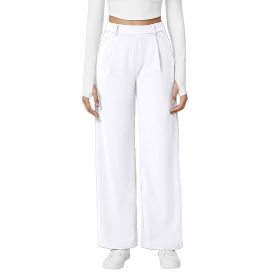 WULMLEO Womens Wide Leg Work Pants High Waist Pull On Dress Pants Elastic Waistband Casual Slacks with Thick Fabric White XL