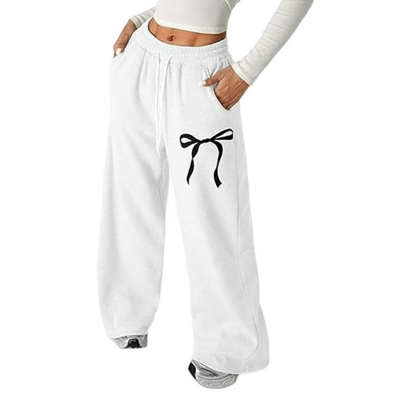 WULMLEO Womens Y2k Bow Wide Leg Sweatpants Graphic Elastic Waist Travel Pants Baggy Lounge Athletic Trousers Street Bottoms White L