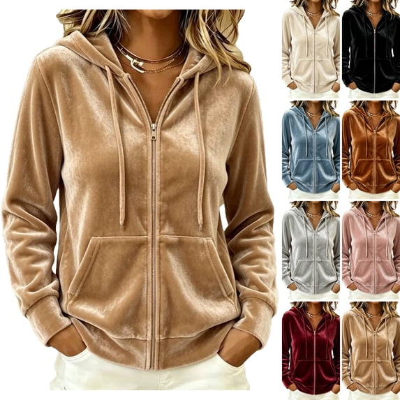 WULMLEO Womens Zip Up Hoodies Velvet Hooded Long Sleeve Oversized Sweatshirts Fashion Pullover Tops Plus Size 2026 Sweaters Coats with Pockets Camel S