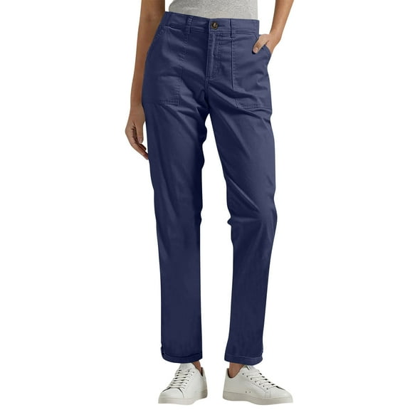 WULMLEO Work Pants Women Dressy Casual Plus Size Wide Leg Cargo Khakis High Waist Straight Twill Chino Slacks Ankle Pants Dark Blue 2XL