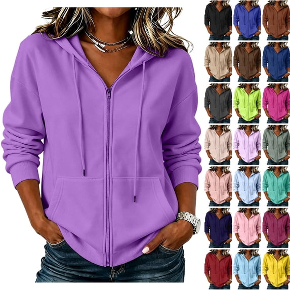 WULMLEO Zip Up Hoodie for Women Oversized Zip Up Y2K Hoodies Casual Long Sleeve Sweatshirts Fall Spring Track Jackets 2026 Purple Polyester