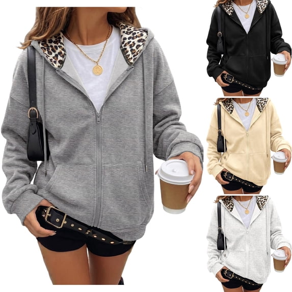 WULMLEO Zip Up Hoodies Women Cute Long Sleeve Leopard Hooded Sweatshirt Tops 2026 Fall Winter Oversized Fashion Jacket with Pockets Gray S