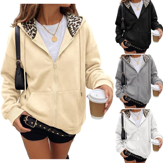 WULMLEO Zip Up Hoodies Women Cute Long Sleeve Leopard Hooded Sweatshirt Tops 2026 Fall Winter Oversized Fashion Jacket with Pockets Khaki S