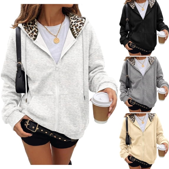 WULMLEO Zip Up Hoodies Women Cute Long Sleeve Leopard Hooded Sweatshirt Tops 2026 Fall Winter Oversized Fashion Jacket with Pockets White M