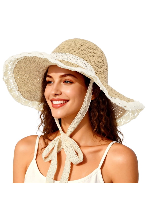 Beach Hats for Women - Beach Hat Womens UPF 50+ Lace Ribbon,Packable Sun Hat Women,Straw Hat