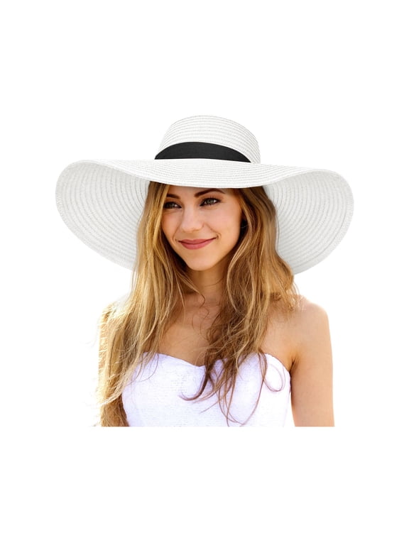 Fashion Sun Hats for Women Oversize Wide Brim Straw Beach Hat Floppy Foldable Roll-Up Summer Vacation UPF 50+ 
