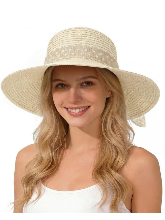 Fashion Sun Hats for Women UV Protection, Wide Brim Beach Straw Derby Hat Packable Floppy for Summer Vacation UPF 50+