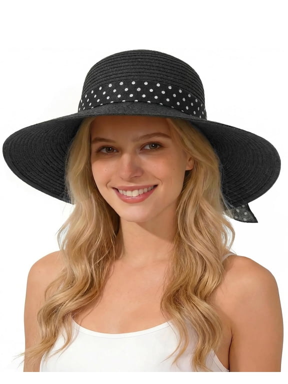 Fashion Sun Hats for Women UV Protection, Wide Brim Beach Straw Derby Hat Packable Floppy for Summer Vacation UPF 50+