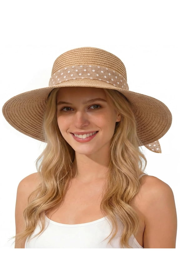 Fashion Sun Hats for Women UV Protection, Wide Brim Beach Straw Derby Hat Packable Floppy for Summer Vacation UPF 50+
