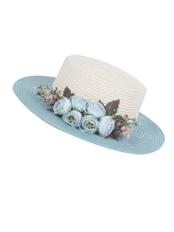 Sun Hats for Women Beach Hats Wide Brim Sun Straw Hat Handmade Flower Sun Protection Hat UV Paper Grass Flat top hat