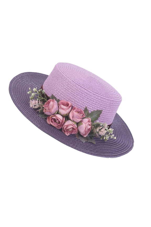 Sun Hats for Women Beach Hats Wide Brim Sun Straw Hat Handmade Flower Sun Protection Hat UV Paper Grass Flat top hat