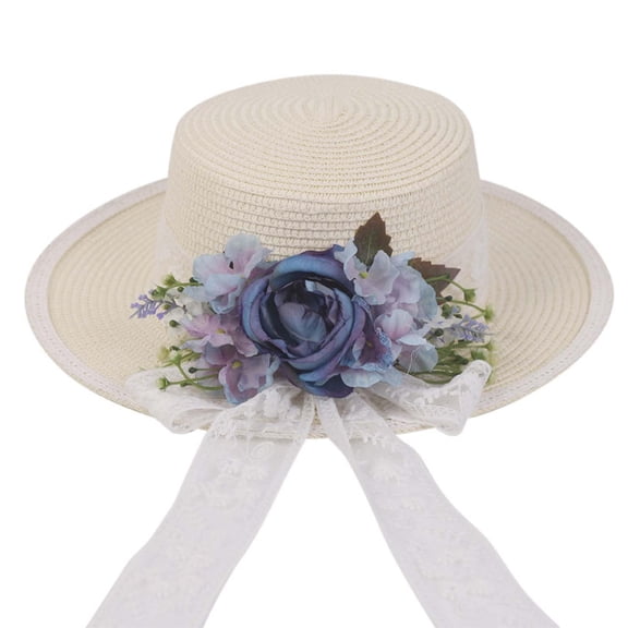 WUODHTW Women Straw Panama Hat Travel Beach Sun Hat Flower Decor sual Hat Flat-Topped Top Travel for Sun Brim Summer UV Hat