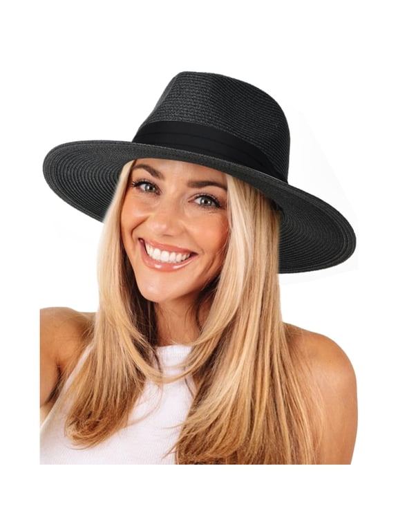 Womens Mens Wide Brim Straw Panama Hat Fedora Summer Beach Sun Hats UPF Straw Hat for Women
