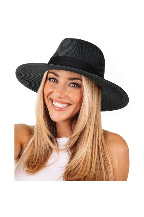 Womens Mens Wide Brim Straw Panama Hat Fedora Summer Beach Sun Hats UPF Straw Hat for Women