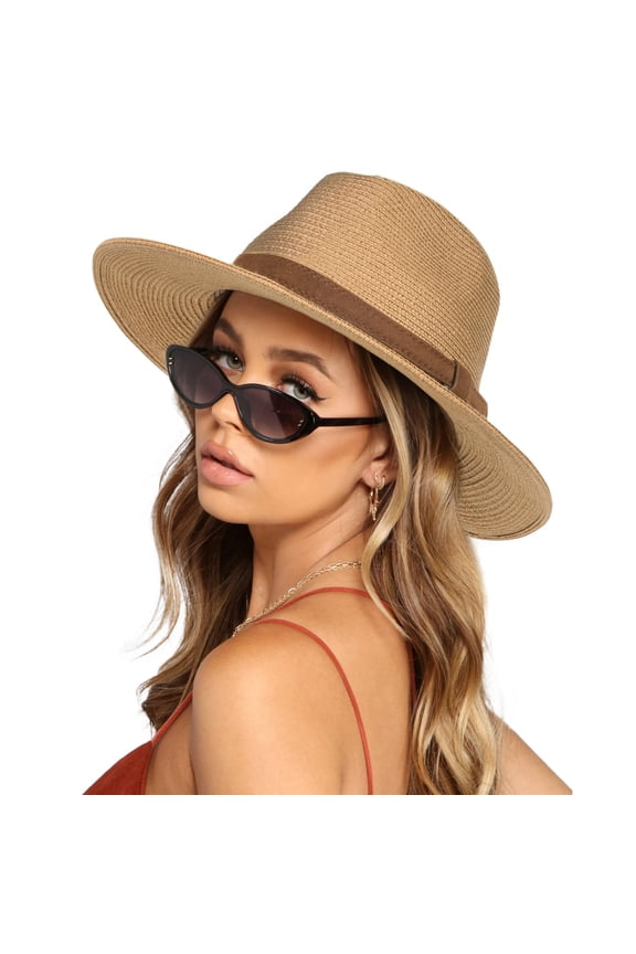 Womens Mens Wide Brim Straw Panama Hat Fedora Summer Beach Sun Hats UPF Straw Hat for Women