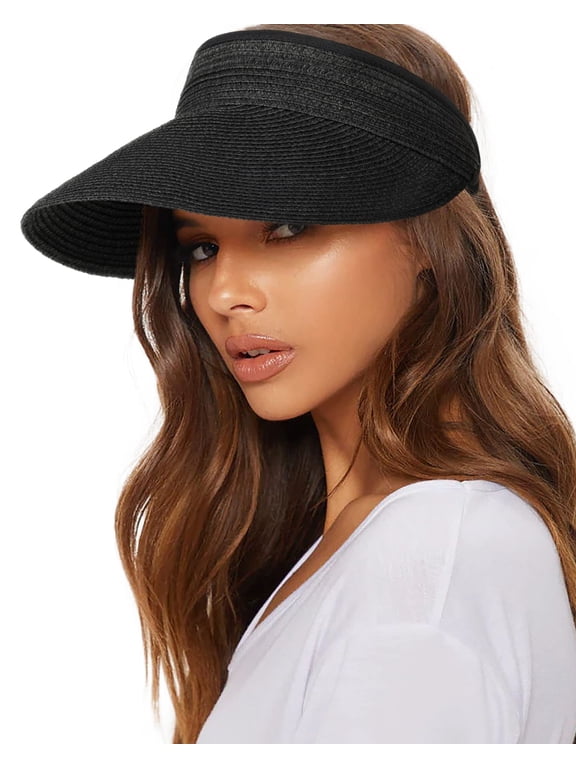 Womens Sun Visor Hat Straw Sun Visors for Women Summer Packable Ponytail Beach Hats for Women Travel UPF 80+