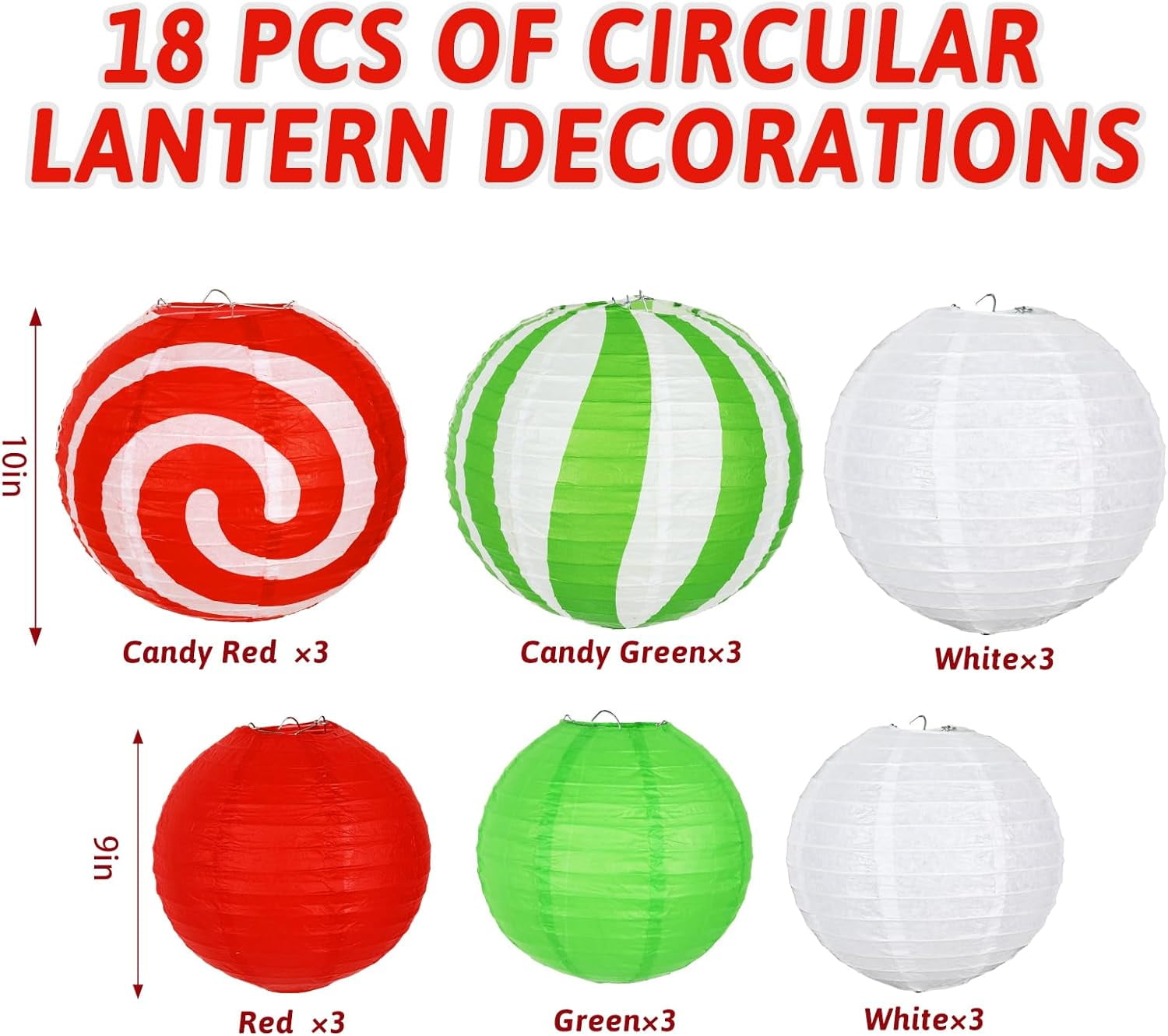 WUQUAN-18Pcs Christmas Paper Lanterns Red Green White Candy Canes Paper