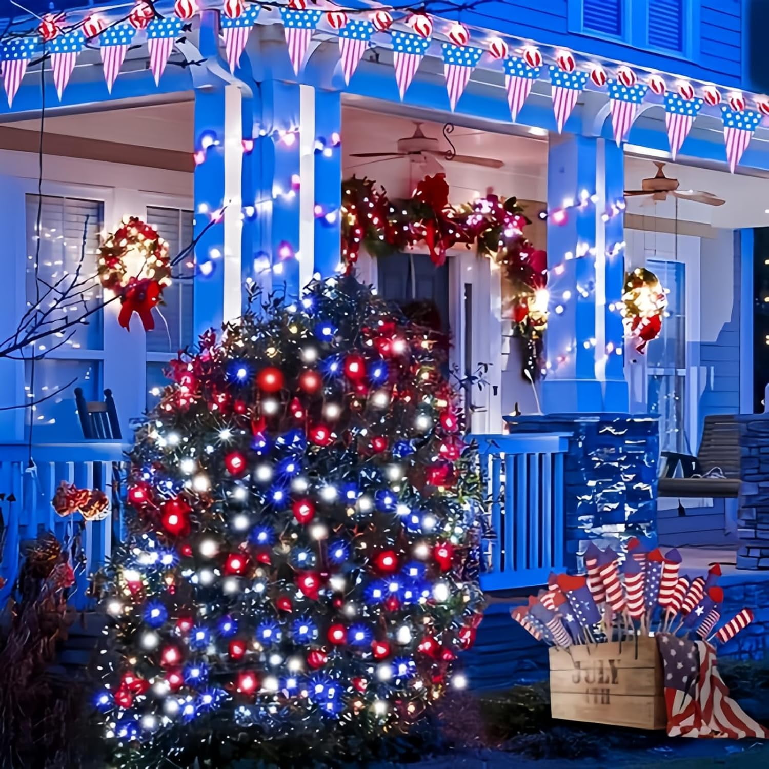 July In Led WUQUAN-2 Pack 200 LED Red White and Blue Solar String Lights Outdoor ...
