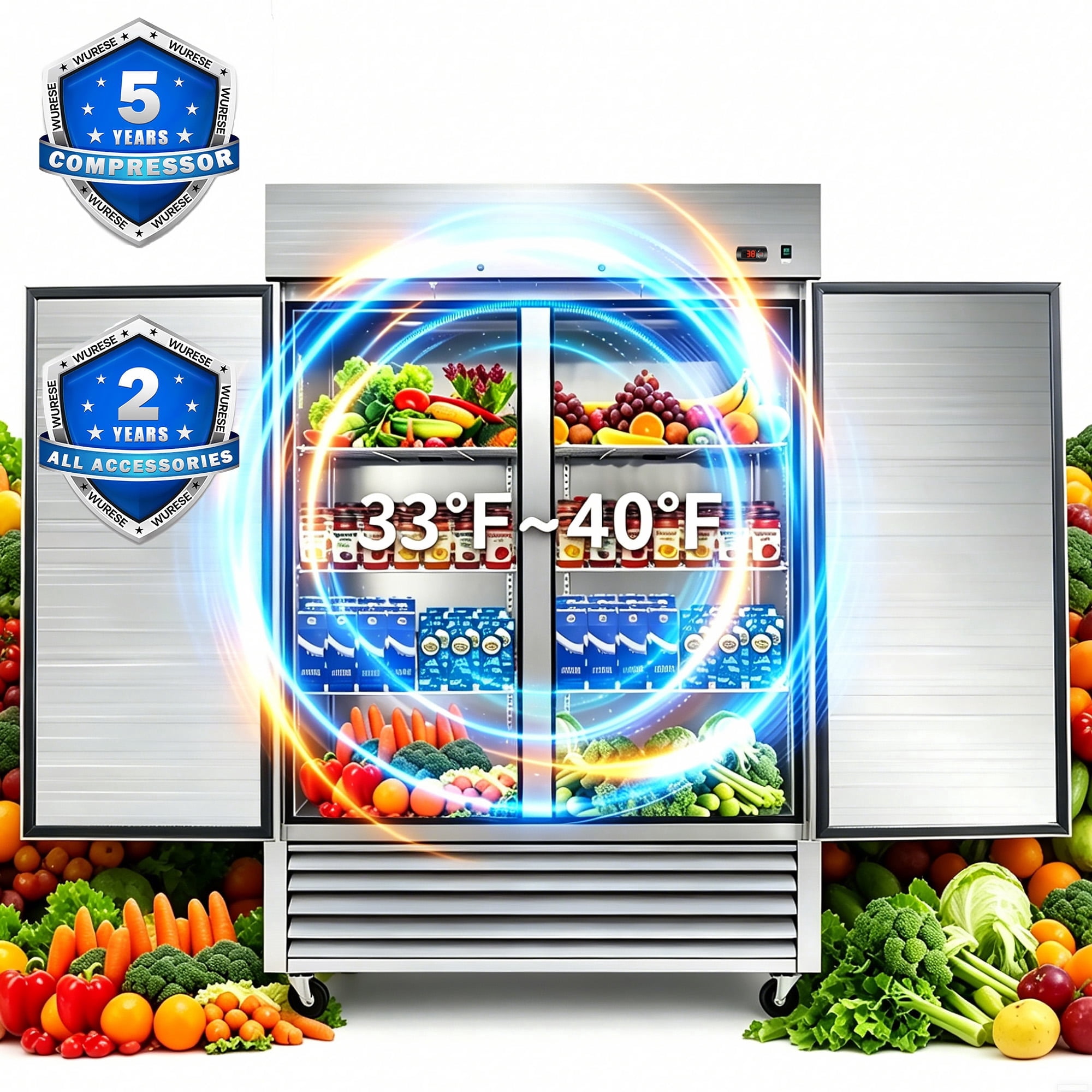 WURESE 54" Commercial Refrigerator, 49 cu.ft. 2 Solid Door Reach-In, Stainless Steel, ETL Approved, Upright Fridge for Restaurant & Kitchen Storage