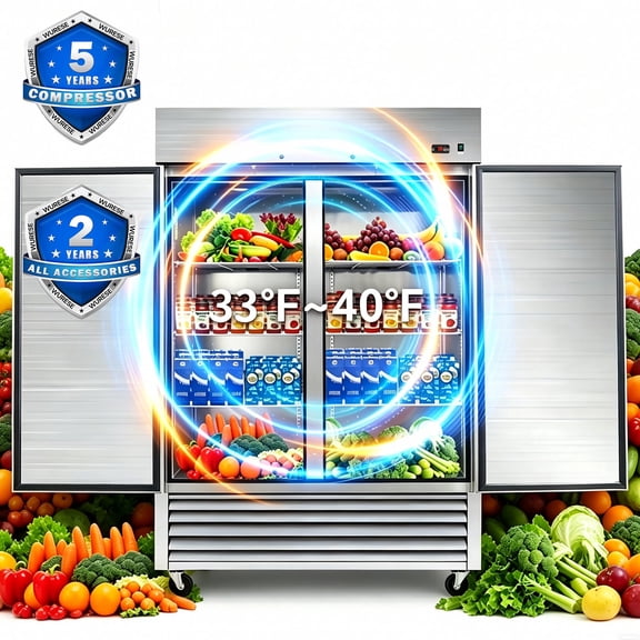 WURESE 54" Commercial Refrigerator, 49 cu.ft. 2 Solid Door Reach-In, Stainless Steel, ETL Approved, Upright Fridge for Restaurant & Kitchen Storage
