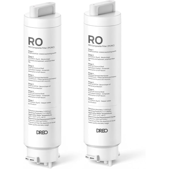 DREO 2-Pack Reverse Osmosis Filter, Replacement for DREO RO Water Filter 112 & 113 & 114 & 115, Removes 99.99% of Contaminants including PFOA, PFOS, Chlorine, 6-12 Month per Cartridge, SGS Tested