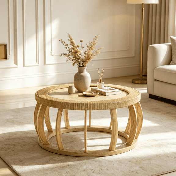 WUSCASA 35.43" Vintage Round Coffee Table, Boho Rattan Solid Wood Center Table with Curved Legs Tea Cocktail Table for Dining Room