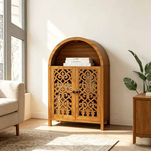 WUSCASA 44" Tall Arched Storage Cabinet, Vintage Accent Cabinet with Hand-Carved Doors & Open Shelves, 3-Tier Small Arched Short Bookcase for Living Room, Entryway