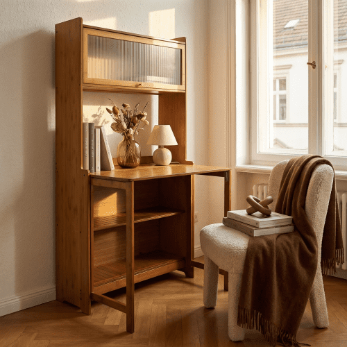 WUSCASA Folding Desk with Storage, Space-Saving Foldable Convertible Writing Table, Wall Mount Fold Out Computer Desk