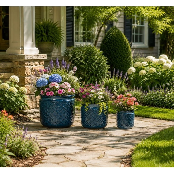 WUSCASA Handmade Ceramic Plant Pots Set of 3, 15/12/9 Inch Diameter, Blue Geometric Pattern Decorative Flower Pots