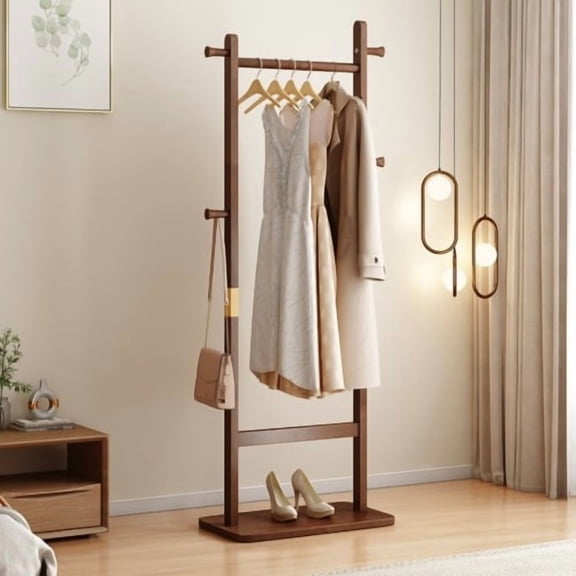 WUSCASA Solid Wood Coat Rack, Freestanding Clothing Rack with 2 Shelves Storage Clothes Rack Stand for Hall, Bedroom, Living Room